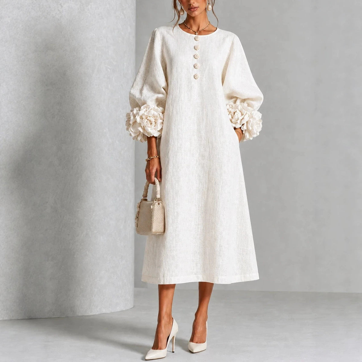 Iselle | Rosette-Cuff Midi Dress