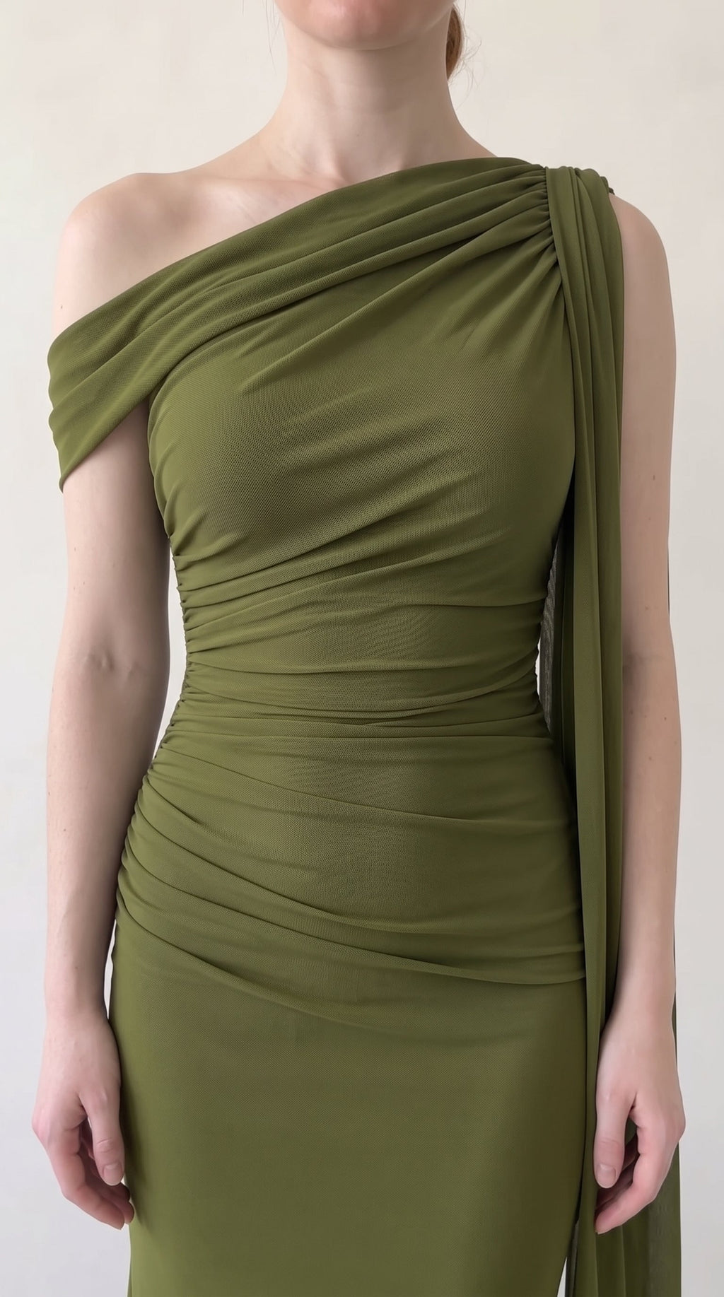 Olive Green | One Shoulder Ruched Maxi Dress