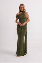Olive Green | One Shoulder Ruched Maxi Dress