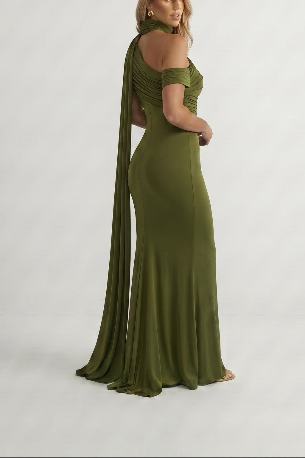 Olive Green | One Shoulder Ruched Maxi Dress
