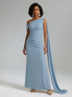 Blue |  One Shoulder Ruched Maxi Dress