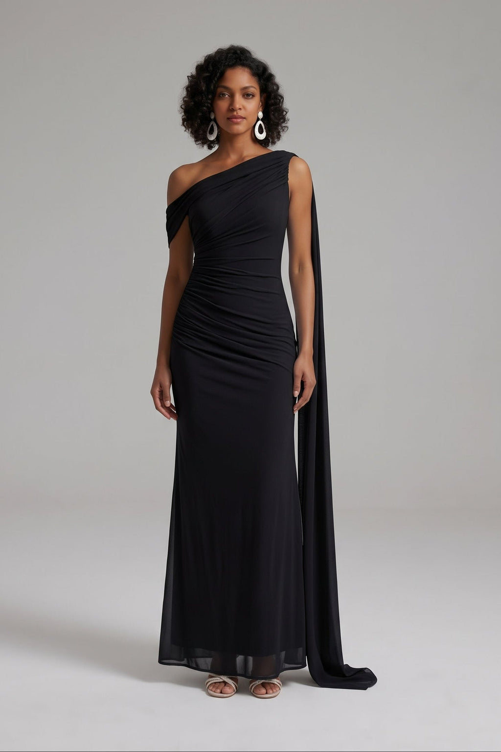 Black | One Shoulder Ruched Maxi Dress