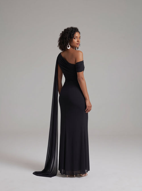 Black | One Shoulder Ruched Maxi Dress