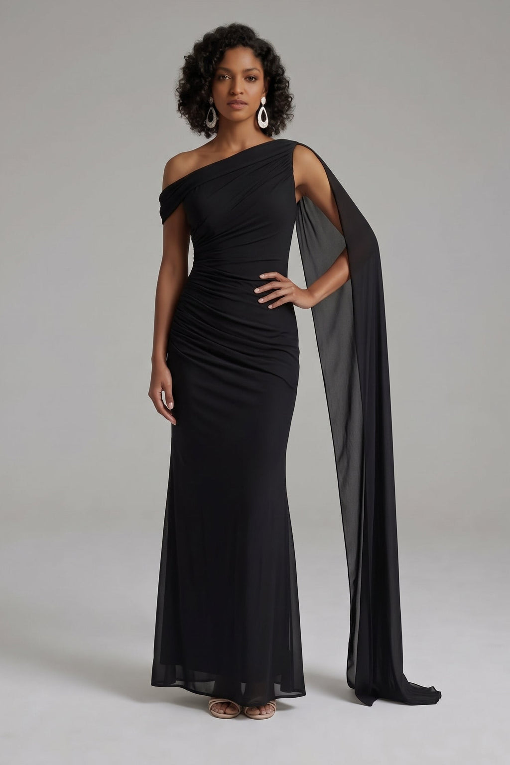 Black | One Shoulder Ruched Maxi Dress