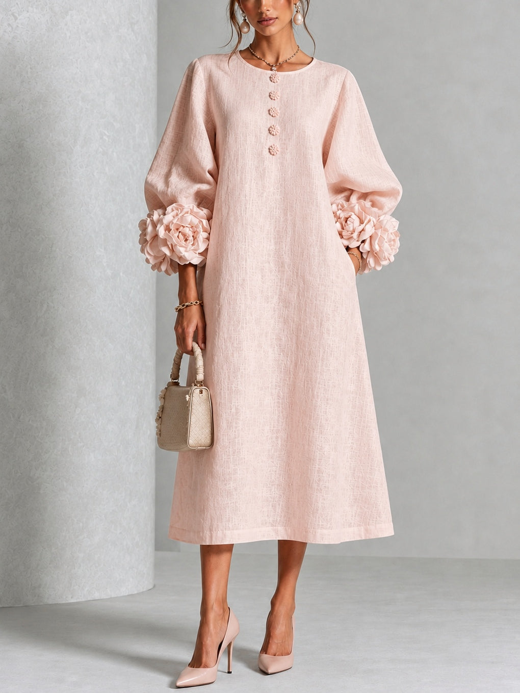 Elodie | Rosette-Cuff Midi Dress