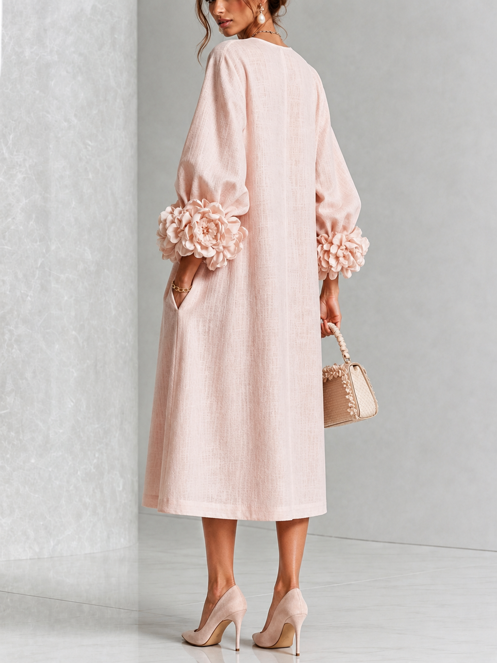 Elodie | Rosette-Cuff Midi Dress